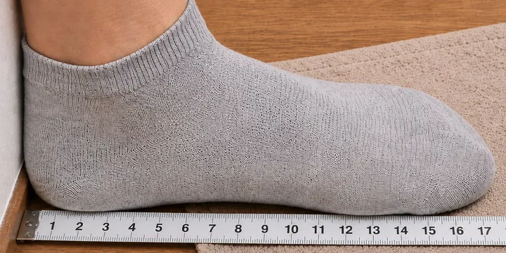 Měření délky chodidla v ponožce od zdi ke špičce