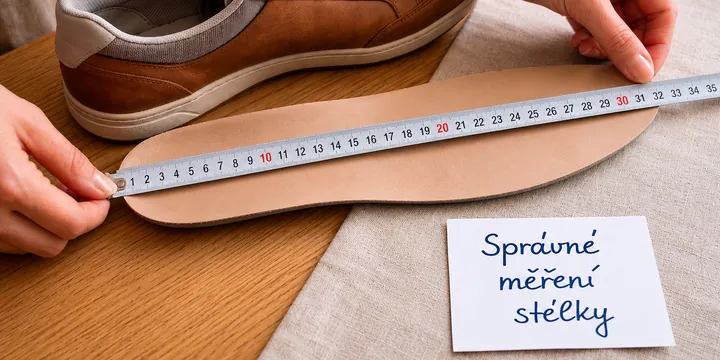 Měření délky stélky krejčovským metrem od paty ke špičce